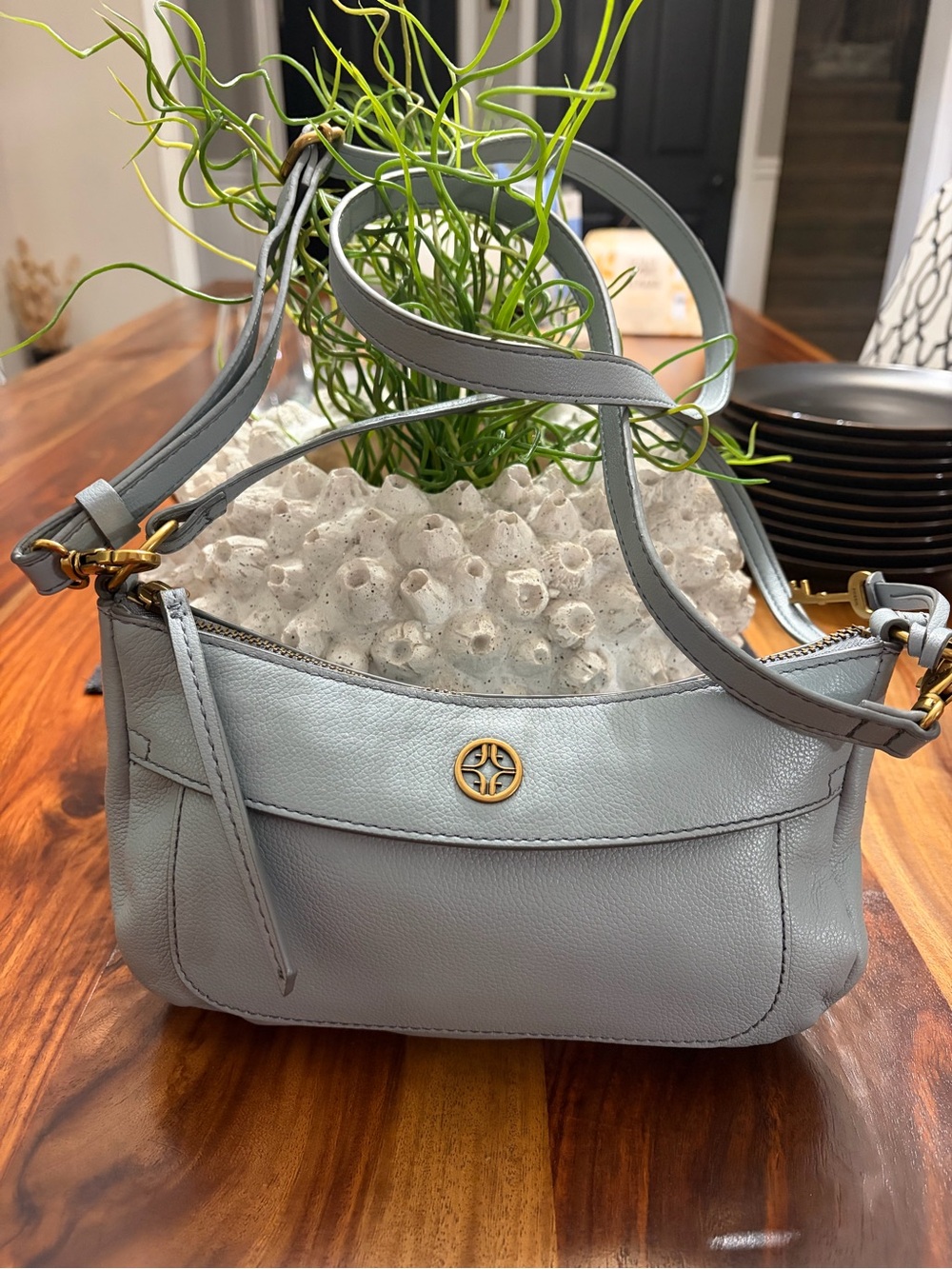 Fossil Skyler Light Gray blue Leather mini Shoulder Bag with Gold-Tone Logo